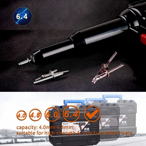 Heavy Duty 600W Electric Rivet Gun For 6.4Mm Blind Pop Rivets, 4.0 to 6.4mm rivets displayed with case.