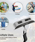 Hassle Free Travel Luggage Scale Portable Digital Hanging Baggage Scale With 110 Lb Capacity Lightweight Suitcase Weight Scale Battery Included Silver in use for groceries, packages, and luggage.