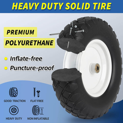 Flat Free 16 Inch Wheelbarrow Tire And Wheel Set Size 4.80 4.00 8 Solid Tire With 3 Inch Centered Hub And Five Eighth Inch Axle Bore