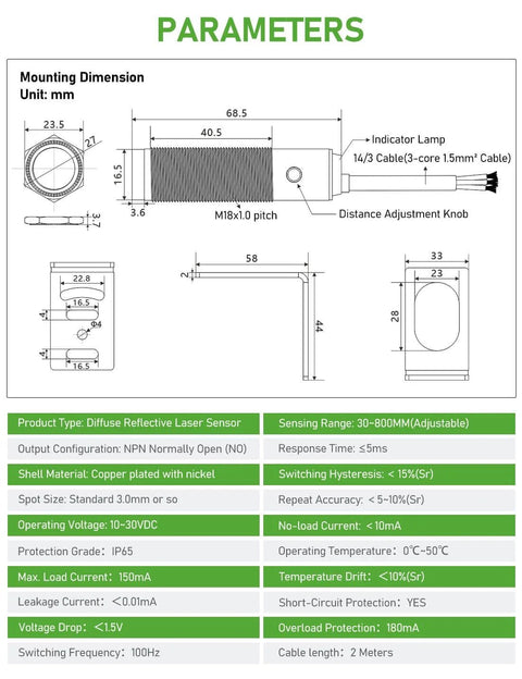 Diagram of photoelectric proximity sensor with laser detection, IP65 waterproof, dimensions, and technical specifications for industrial automation.