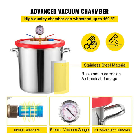 3CFM 1/4HP Vacuum Pump With Chamber For Household And Auto Air Conditioning Servicing, A Handy Refrigeration Vacuum Tool With 6L Chamber, Pro Grade, Durable, Easy To Use, Great For Maintenance And Repairs. stainless steel chamber with gauge and handles