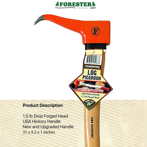 Pickaroon Logging Tool 28 Inch With USA Hickory Handle for dragging and stacking logs, showing orange head and label details