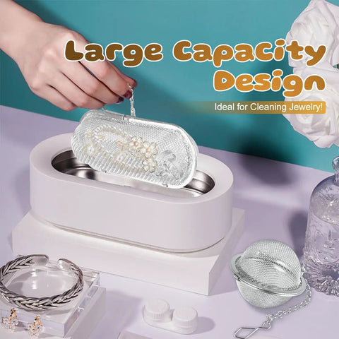 Heavy Duty Stainless Steel Ultrasonic Basket For Jewelry And Small Parts Cleaning Compatible With All Cleaner Units, shown in use.