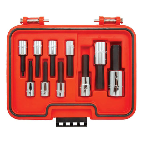 3/8 And 1/2 Inch Drive Hex Bit Set, 10-Piece Metric Allen Hex Bits Range 4mm Through 17mm, Alloy Steel Construction in case