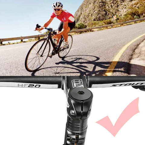 Adjustable 1-1/8 Inch Aluminum Bike Stem Riser Extender with 28.6mm clamp close-up and cyclist on mountain road
