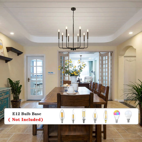 Eight Light Modern Black Farmhouse Chandelier For Dining Room Living Room Kitchen Foyer And Bedroom With Candle Style Illumination And 360 Degree Lighting For High Ceilings This Dope Fixture hanging over a dining table.