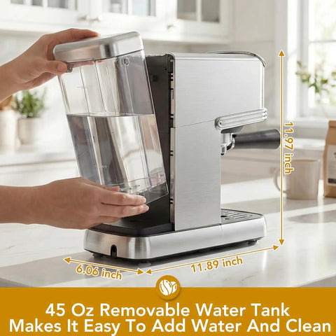Compact Stainless Steel Espresso Machine With 20 Bar Pump And Pro Steam Wand Drops Cafe Grade Crema Right On Your Counter, showcasing removable 45 oz water tank.