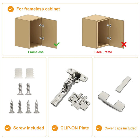 Chibery 10-pack frameless inset concealed cabinet hinges with clip-on plates, screws, and caps in satin nickel.