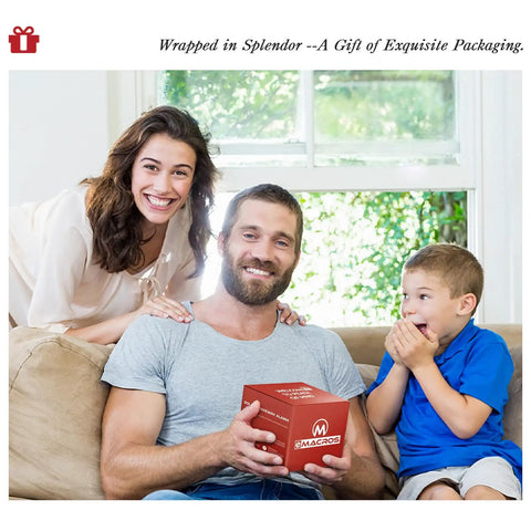 Family smiling with man holding wrapped gift box indoors