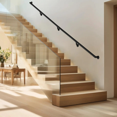 Solid Black Aluminum Stair Handrail DIY Kit With ADA Compliant Wall Returns No Sweat Installation Powder Coated For Indoor Outdoor Walkways Slick Five Foot Grip Bar on modern wooden staircase.