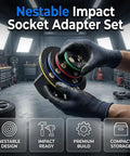Ultra-Low Profile Impact Socket Adapter Set With 4 Pieces Magnetic Ratchet Tools For Tight Spaces And Stubby Socket Conversion From 14 To 34 Drive Sizes Making Your Repair Job A Total Win With Precision Engineering, stackable color-coded adapters in mechanic's hands