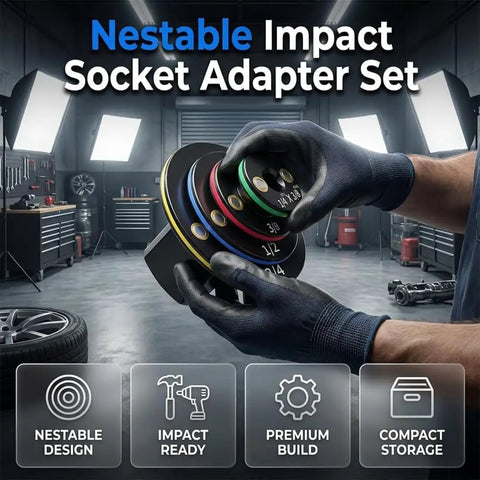 Ultra-Low Profile Impact Socket Adapter Set With 4 Pieces Magnetic Ratchet Tools For Tight Spaces And Stubby Socket Conversion From 14 To 34 Drive Sizes Making Your Repair Job A Total Win With Precision Engineering, stackable color-coded adapters in mechanic's hands