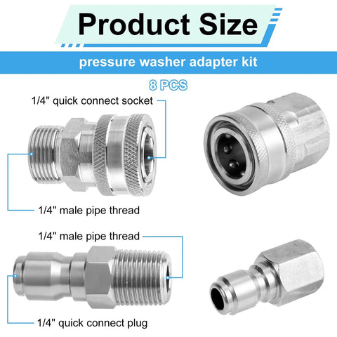 8-piece stainless steel pressure washer adapter kit with 1/4-inch quick-connect plugs and sockets