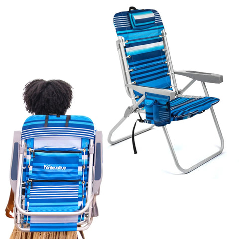 Folding Tall Backpack Beach Chair With Five Positions Towel Bar Cooler Storage Pouch Cup Holder And Phone Holder High Tide Blue seen folded and open