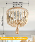 Wood Beaded Chandelier Boho Farmhouse Semi Flush Mount Ceiling Light Fixture With 3 Light E12 Base with dimensions