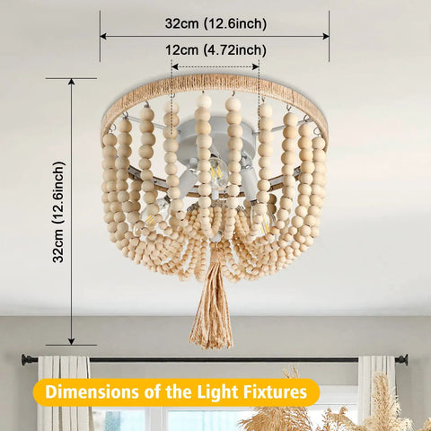 Wood Beaded Chandelier Boho Farmhouse Semi Flush Mount Ceiling Light Fixture With 3 Light E12 Base with dimensions