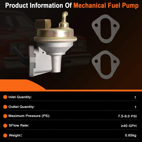 Mechanical Fuel Pump Replacement For GM Small Block 350 327 383 400 Engines with gaskets and specifications.