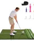 Golfer swinging on Big 5x4ft Double Turf Golf Hitting Mat For Indoor Outdoor Practice With Sight Line And Approach Angle Aid For Home Setup.