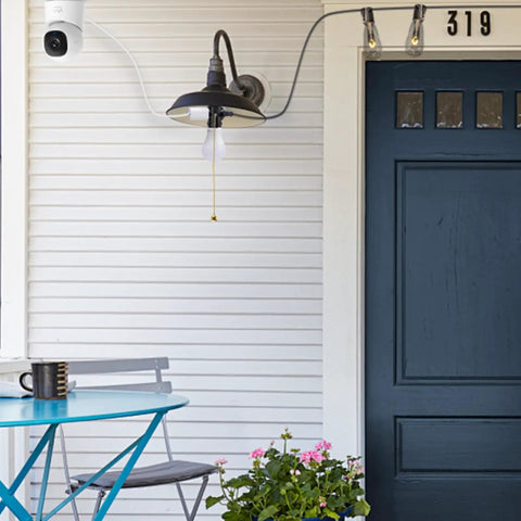 Porch with E26 To Dual Prong Outlet Adapter with Pull Chain On Off Switch, light fixture, blue table, and potted flowers.