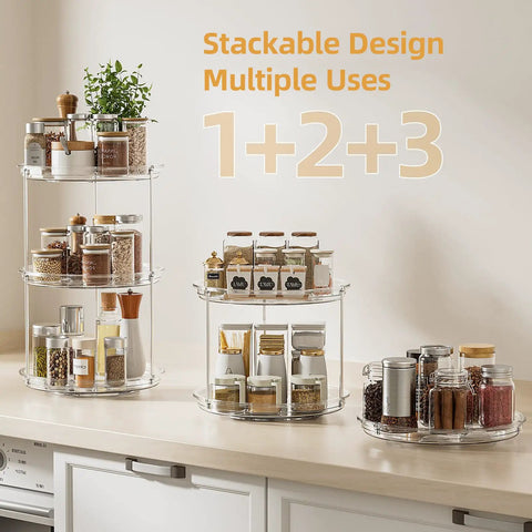 Stacked Two Tier Lazy Susan Turntable Organizer For Cabinet And Pantry Space Saver 9 Inch Rotating Spice Rack with jars on countertop