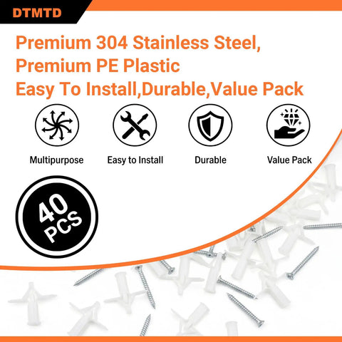 Heavy Duty Drywall Anchor Kit With 40 Piece M8x53 Stainless Steel Screws and Hollow Wall Anchors for plasterboard projects