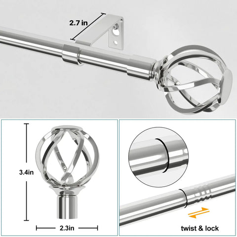 Chrome Curtain Rod With Decorative Cage Finials Built Tough Heavy Duty Adjustable Splice Rod For Windows Patio And Sliding Glass Doors