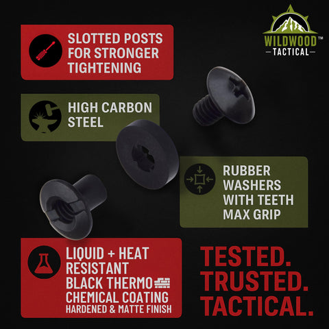 DIY Chicago Screws Set For Kydex And Leather Holsters And Knife Sheaths One Quarter Inch Includes Twelve Phillips Truss Heads Twelve Open Slotted Fasteners And Twelve Rubber Washers Spacers Ideal For Gun Holster Clips And Tactical Gear components with high carbon steel and black thermo coating.