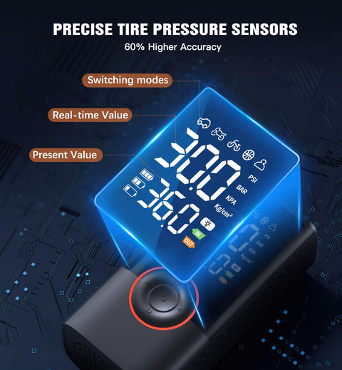Cordless Tire Inflator With Digital Gauge, Portable Mini Air Pump display showing precise pressure readings and modes