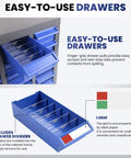 Close-up of 100 Drawer Parts Cabinet With Nut And Bolt Organizer Label Stickers ABS Material Drawers, blue color with dividers