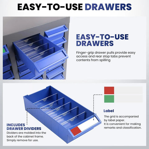 Close-up of 100 Drawer Parts Cabinet With Nut And Bolt Organizer Label Stickers ABS Material Drawers, blue color with dividers