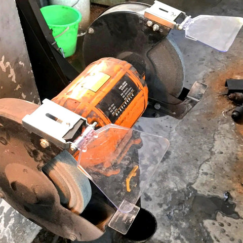 Bench grinder with Eye Shield Replacement Kit For Most Bench Grinders, 2 Pack Plexiglass Safety Guards installed, visible setup