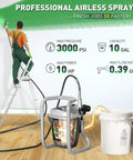 Pro Grade High Pressure Electric Airless Paint Sprayer Sports Thinning Free Design That Shreds Through Interior Walls Exterior Fences And Drywall Ceilings Like Butter shows 10 gal paint sprayer in use on a ladder.
