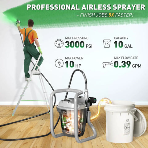 Pro Grade High Pressure Electric Airless Paint Sprayer Sports Thinning Free Design That Shreds Through Interior Walls Exterior Fences And Drywall Ceilings Like Butter shows 10 gal paint sprayer in use on a ladder.