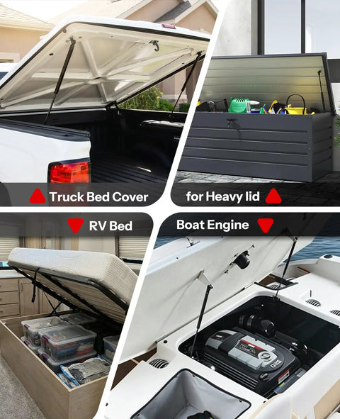 Heavy Duty 20 Inch Gas Struts Shocks Pair For Floor Hatch RV Bed Door Storage Trailer Lid And Toolbox Cabinet TV Stand Truck Camper Topper Rear Window Accessory 70 Pound Force holding truck bed, storage box, RV bed, and boat engine lid open.