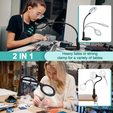 12X Magnifying Glass With Light And Clamp, Five Color Modes And Stepless Dimmer, Lighted Magnifier with stand and flexible gooseneck LED