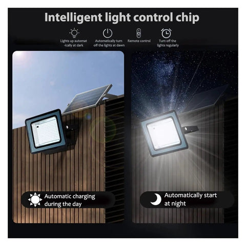 JUDYSSY 200W Solar Spotlight Flood Light Bright Outdoor showing solar panel and light control features for easy outdoor use.