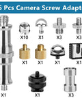 Camera Tripod Adapter Stash Includes 26 Piece Threading Screws One Quarter To Three Eighth Hot Shoe Converter Quick Release Brass Hardware rig components laid out securely