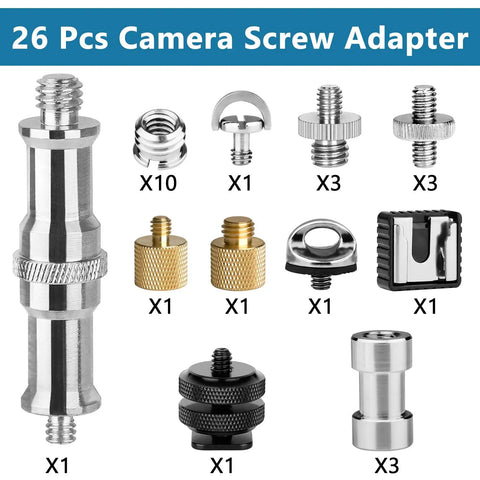 Camera Tripod Adapter Stash Includes 26 Piece Threading Screws One Quarter To Three Eighth Hot Shoe Converter Quick Release Brass Hardware rig components laid out securely