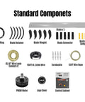 Standard components for Heavy Duty 16Ft Hvls Industrial Ceiling Fan With 208 240V Three Phase, including blades and motor parts.