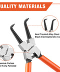 Close-up of Heavy Duty Snap Ring Pliers Set Four Piece Kit with straight jaws, highlighting carbon steel construction and black coating.