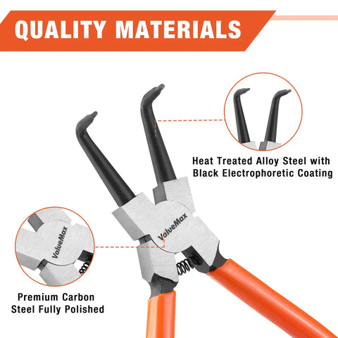 Close-up of Heavy Duty Snap Ring Pliers Set Four Piece Kit with straight jaws, highlighting carbon steel construction and black coating.
