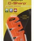 Ceramic Knife Sharpening System With Four Angle Slots 17, 20, 25, 30 Degrees, package showing kitchen and outdoor use icons
