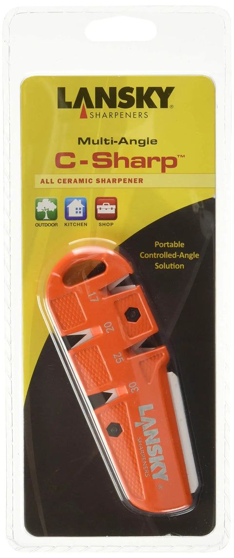 Ceramic Knife Sharpening System With Four Angle Slots 17, 20, 25, 30 Degrees, package showing kitchen and outdoor use icons