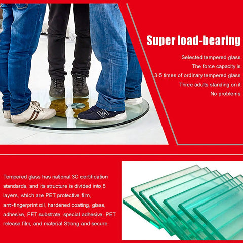 Three adults standing on Tempered Glass Lazy Susan Turntable For Kitchen And Dining Tables, demonstrating durability and load capacity.