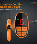 Front view of Elitech LD-100+ handheld automotive refrigerant leak detector with orange body and probe.