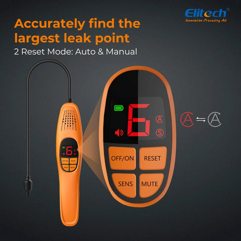 Front view of Elitech LD-100+ handheld automotive refrigerant leak detector with orange body and probe.