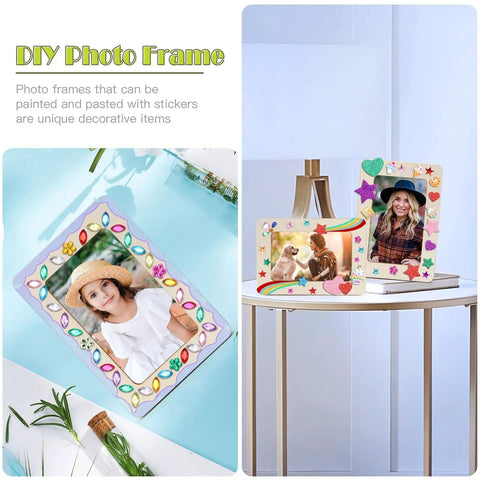 DIY Wooden Picture Frame Craft Kit With 24 Blank Frames, Paint Set With 12 Colors And 2 Brushes displayed with decorated frames