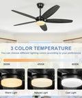 52 Inch Outdoor Ceiling Fan With Light And Remote, 5 Wood Blades In Two Finishes, Dimmable LED Light With Color Temperature 3000K-6000K