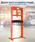 Workhorse 20 Ton Hydraulic Shop Press With H Frame Design Adjustable Working Table Height Two Plates Garage Floor Ready Model Orange Finish Built For Auto Repair Metal Fabrication And Home Workshops