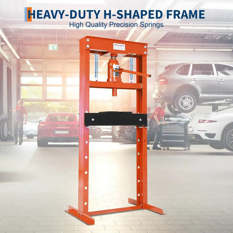 Heavy Duty 20 Ton H Frame Hydraulic Shop Press In Bright Orange, with precision spring, ideal for automotive repairs and heavy loads.